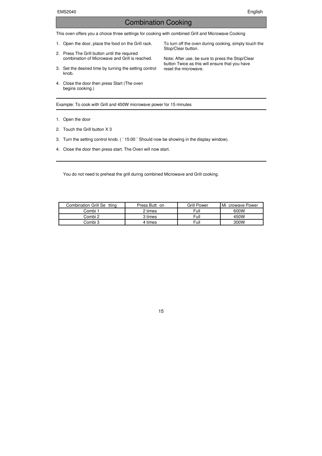 Electrolux EMS2040 user manual Combination Cooking, Microwave Power 600W 450W 300W, Combi Times Full 