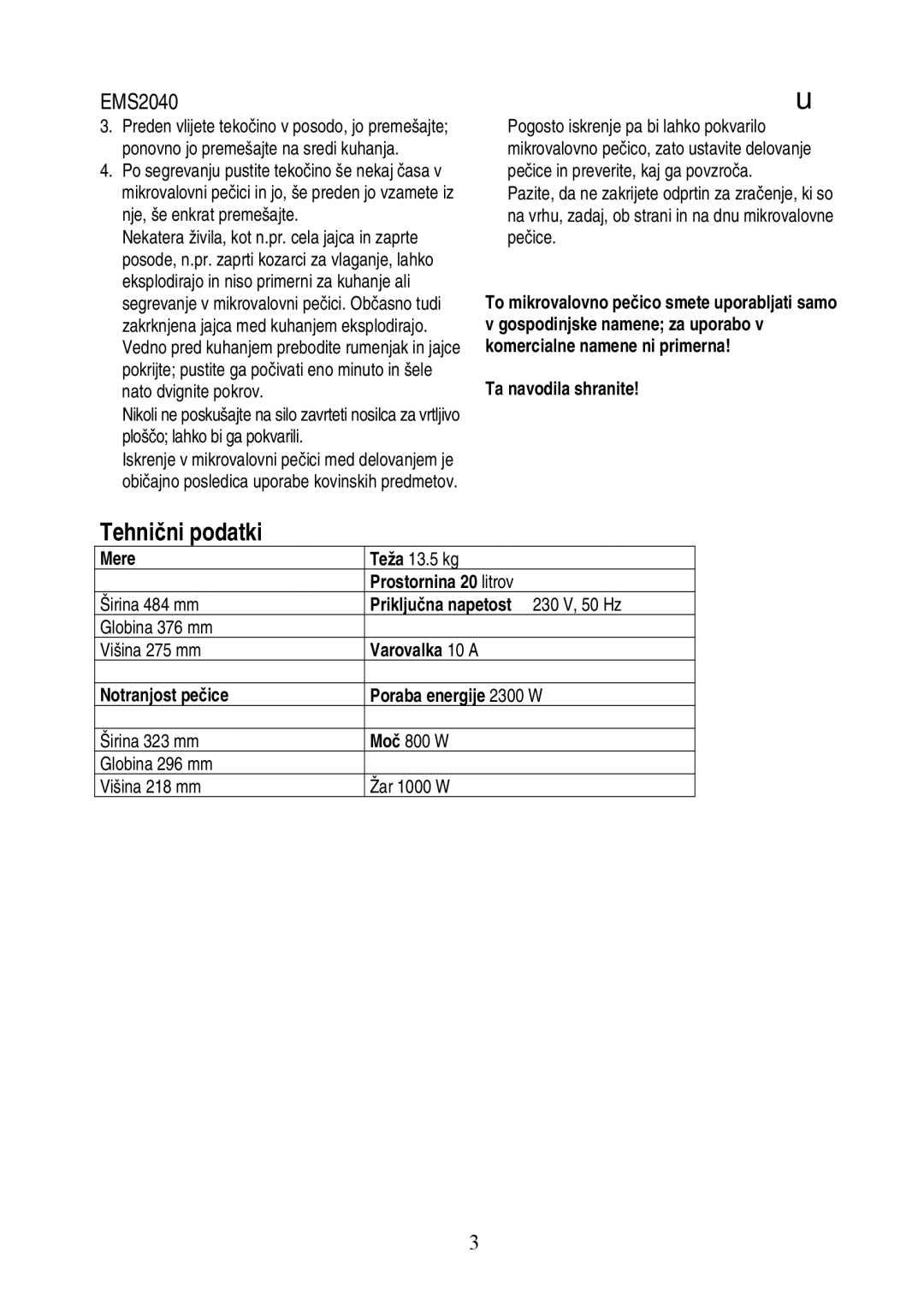 Electrolux EMS2040 user manual Tehni ni podatki 