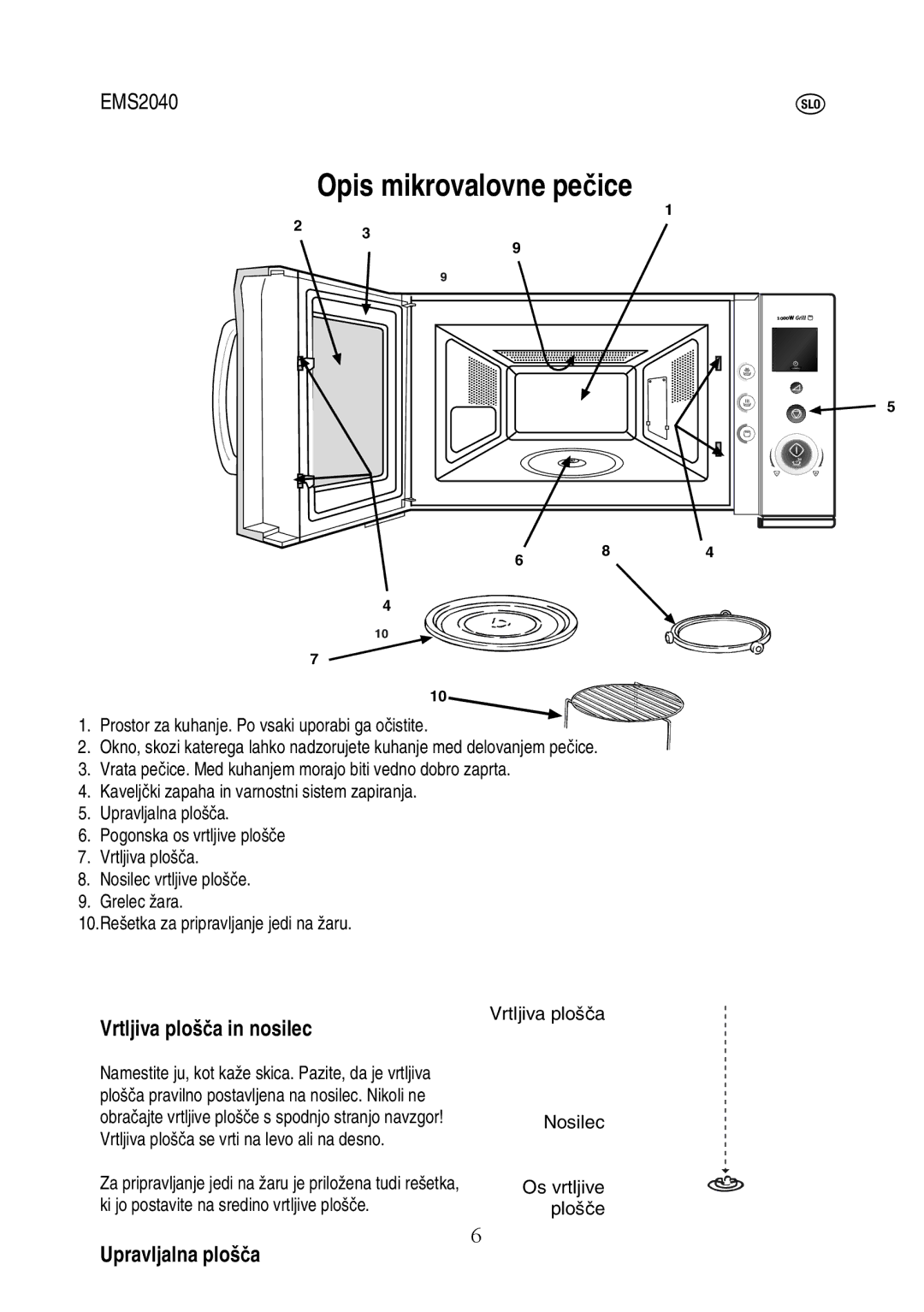 Electrolux EMS2040 Prostor za kuhanje. Po vsaki uporabi ga o istite, Kavelj ki zapaha in varnostni sistem zapiranja, Ploš 