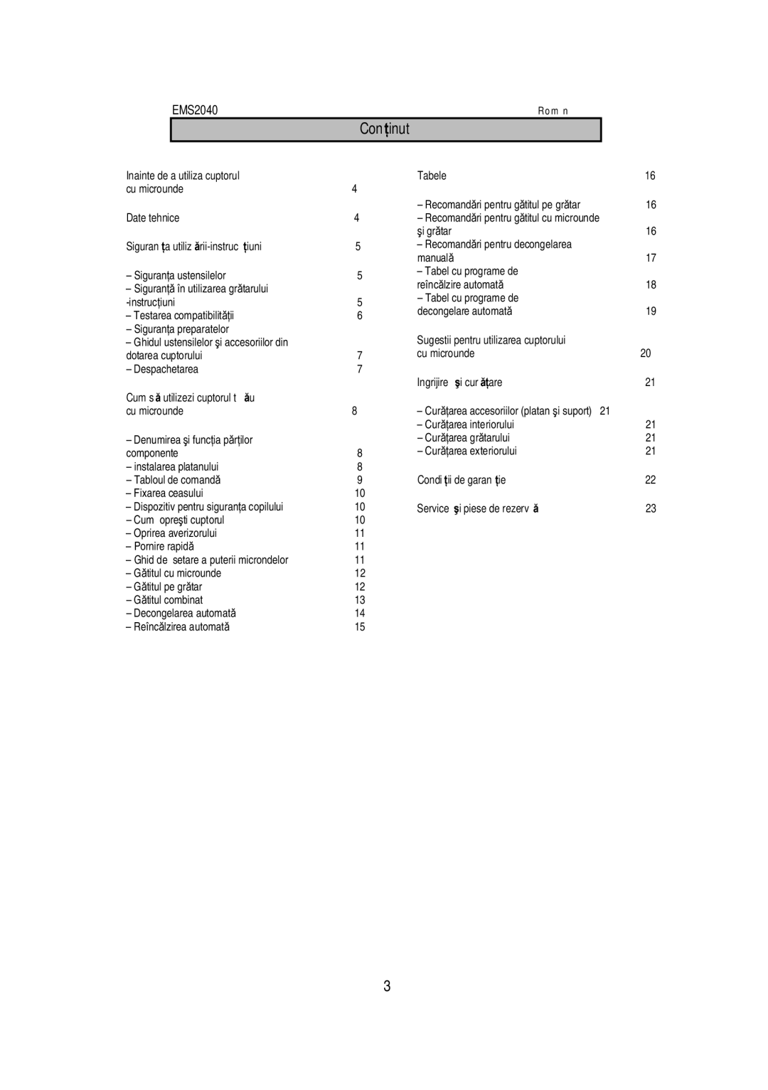 Electrolux EMS2040 user manual Con inut 