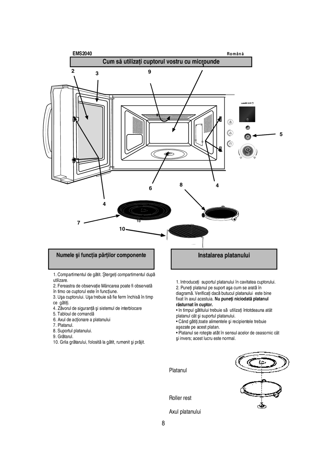 Electrolux EMS2040 user manual Instalarea platanului, Numele i func ia p r ilor componente, Platanul Rolleră Rest 