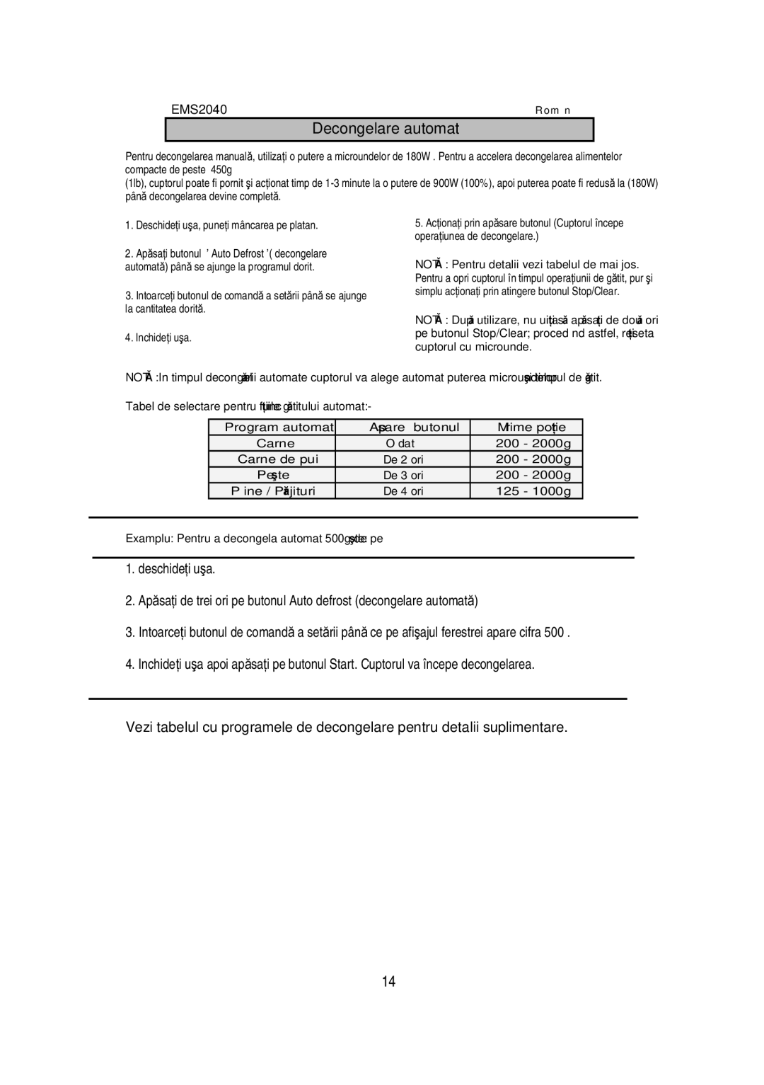 Electrolux EMS2040 user manual Set, Decongelare automat 