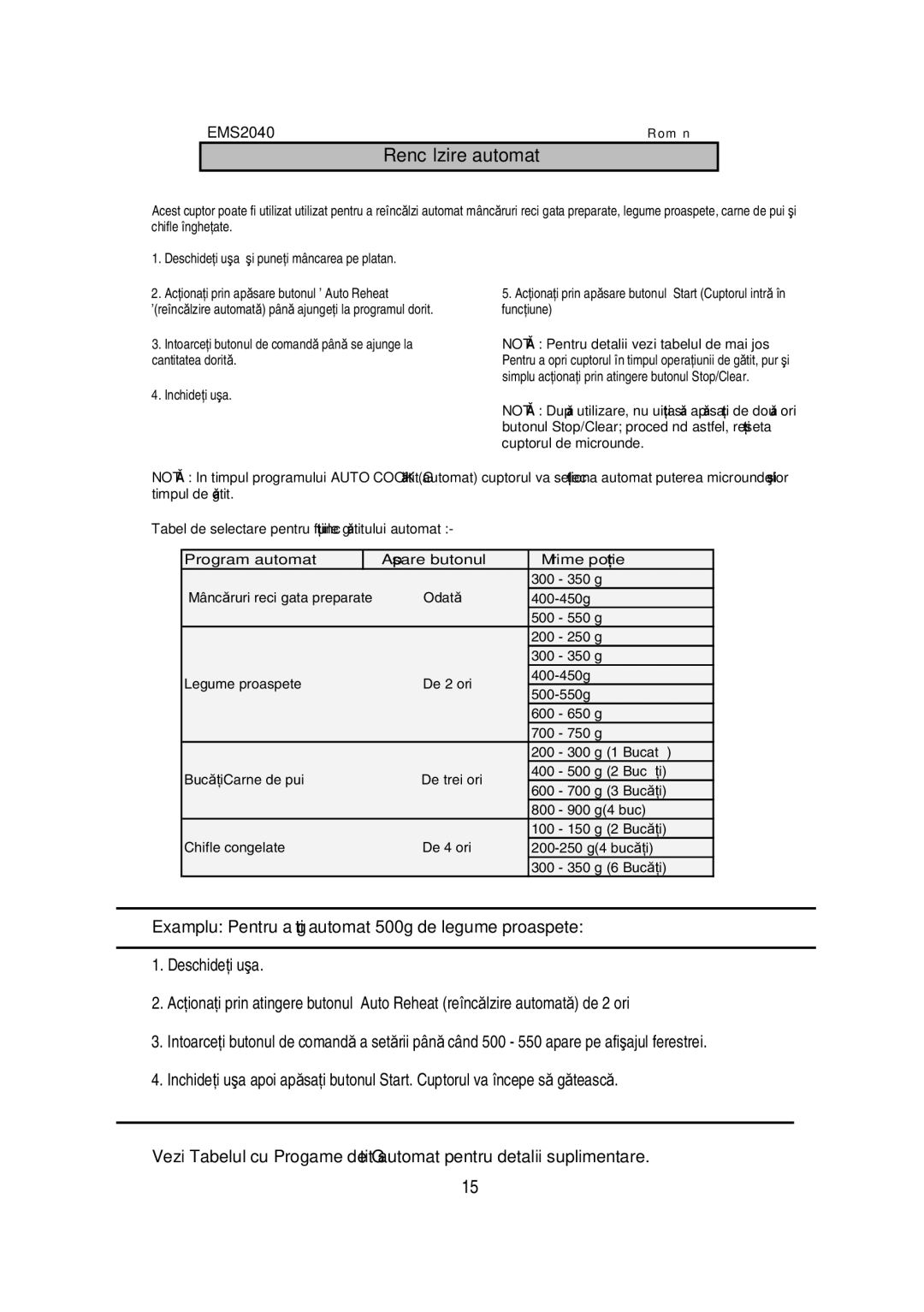 Electrolux EMS2040 user manual Reînc lzire automat, Deschide i u a, Rii pân 