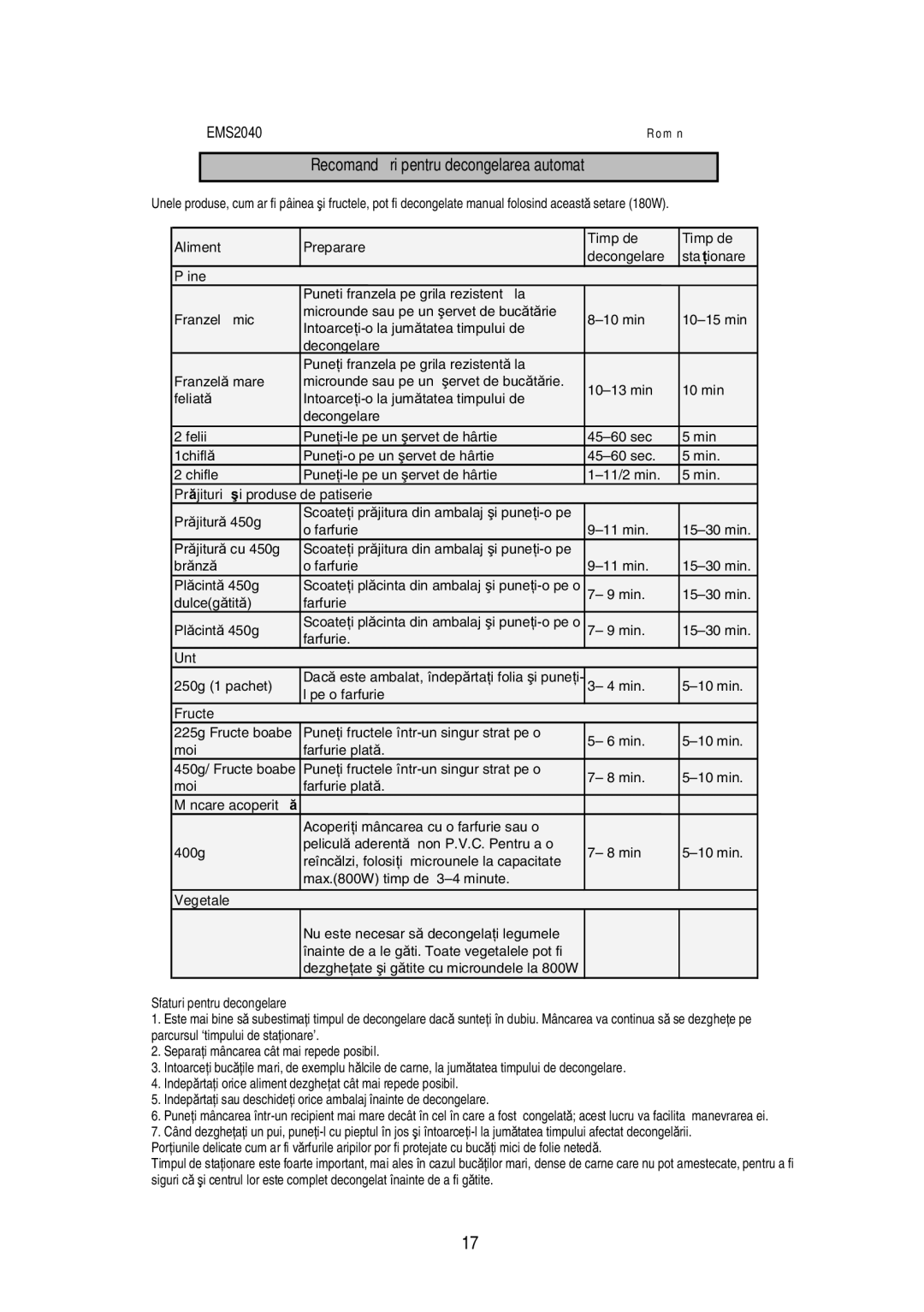 Electrolux EMS2040 user manual Recomand ri pentru decongelarea automat, Ţăăăţăţ 