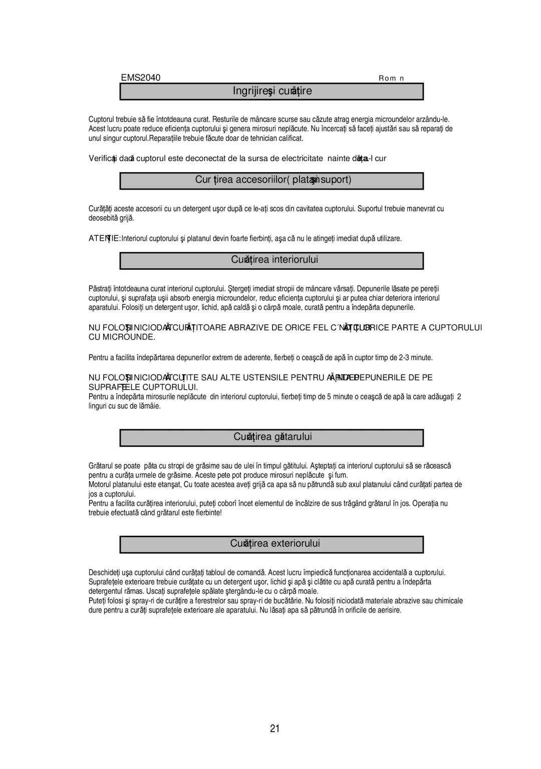 Electrolux EMS2040 user manual Şăţ, Ăţţ, Cur 