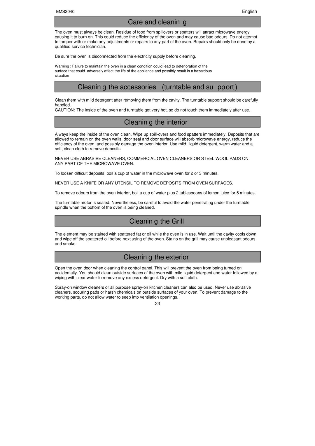 Electrolux EMS2040 user manual Care and cleaning, Cleaning the Grill, Cleaning the exterior 