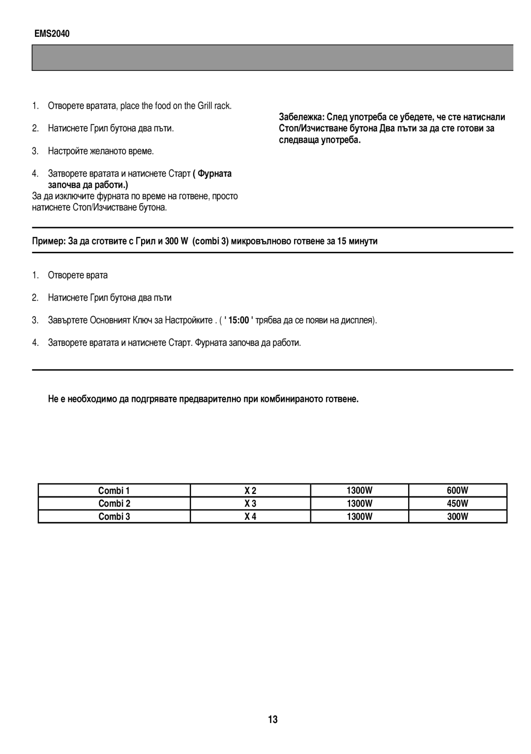 Electrolux EMS2040 НтиснтвоетевратаГрилбутонадвапъти, Творетевратата, ПримерЗадасготвитесГрилатиснете, 300W Combi 