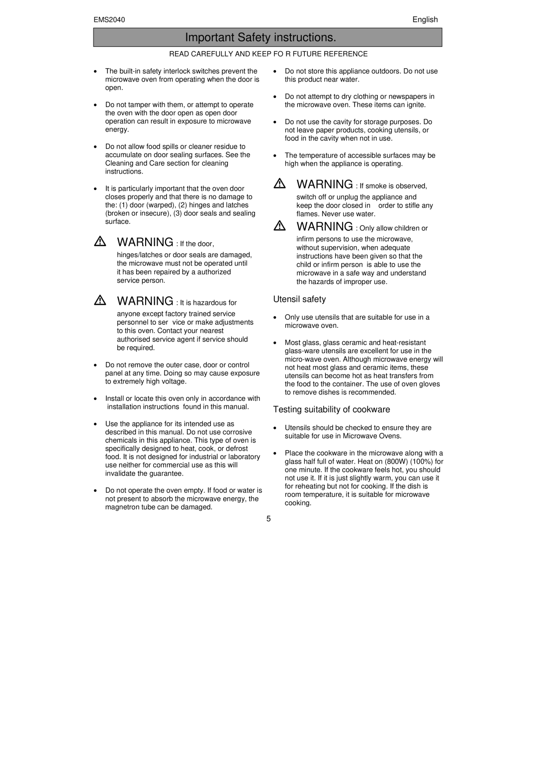 Electrolux user manual Important Safety instructions, Utensil safety, Testing suitability of cookware, EMS2040  