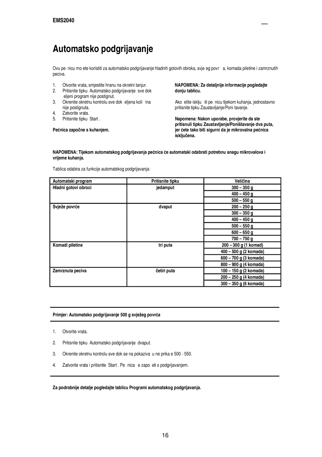 Electrolux EMS2040 user manual Automatsko podgrijavanje 