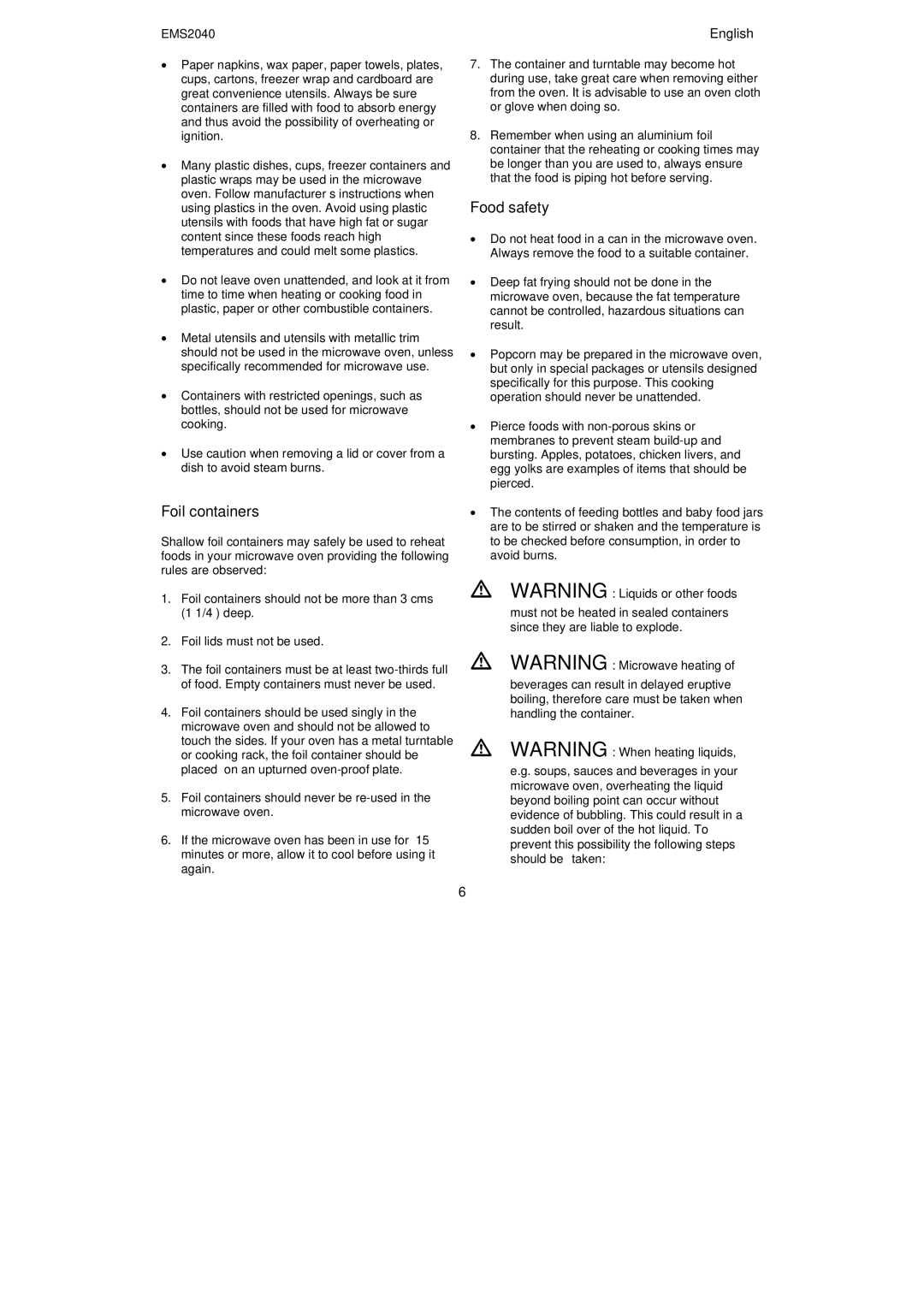 Electrolux EMS2040 user manual Foil containers, Food safety 