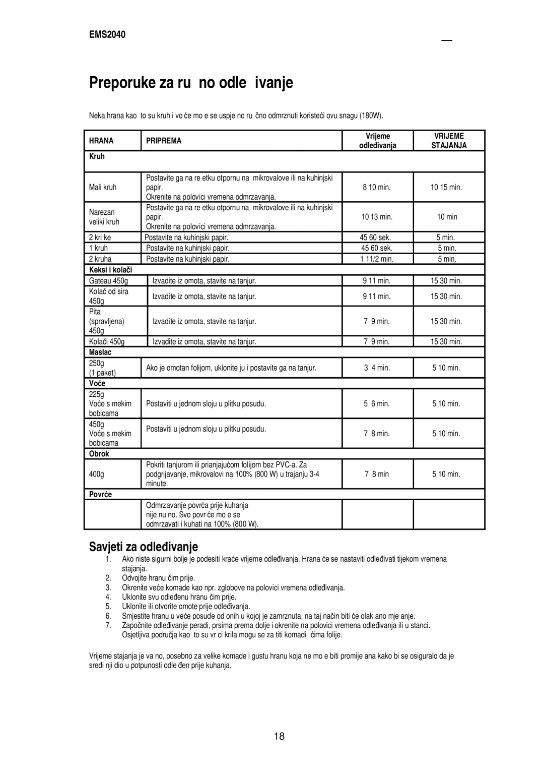 Electrolux EMS2040 user manual Preporuke za ručno odleđivanje, Savjeti za odle Ivanje 