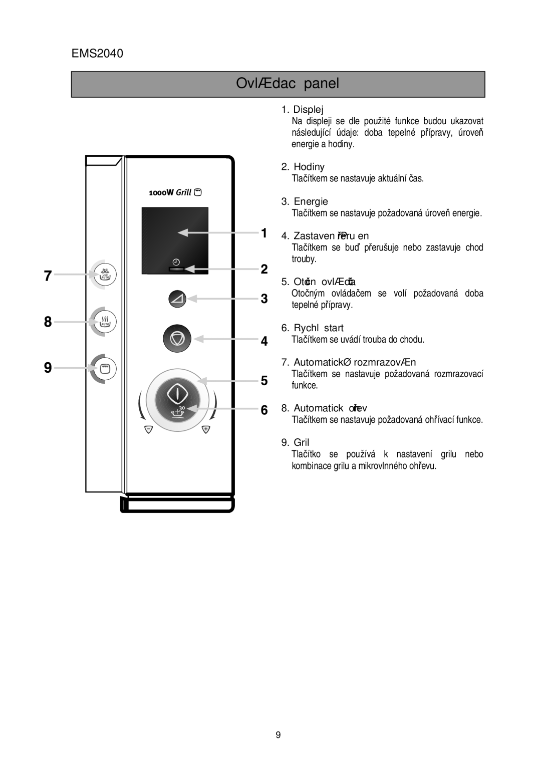 Electrolux EMS2040 Displej, Energie a hodiny Hodiny Tla ítkem se nastavuje aktuální as, Zastavení/P erušení, Trouby 