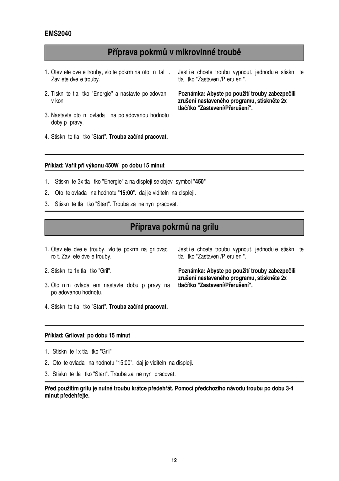 Electrolux user manual Na grilu, Mikrovlnné troub, EMS2040 Íprava pokrm 