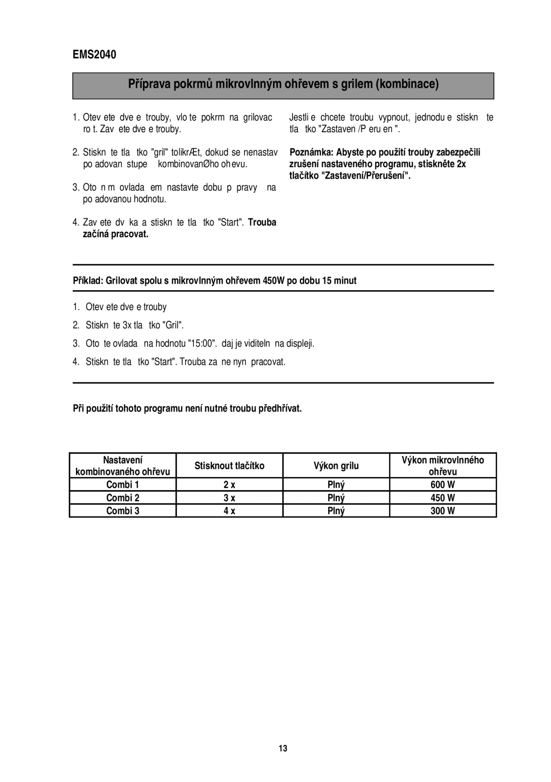 Electrolux EMS2040 user manual Mikrovlnným oh evem s grilem kombinace, Íprava pokrm, Oh evu, Ítko 