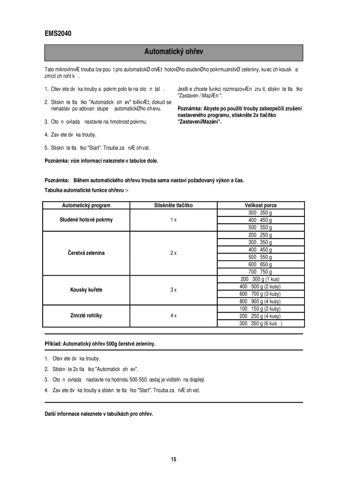 Electrolux EMS2040 user manual Automatický oh ev 