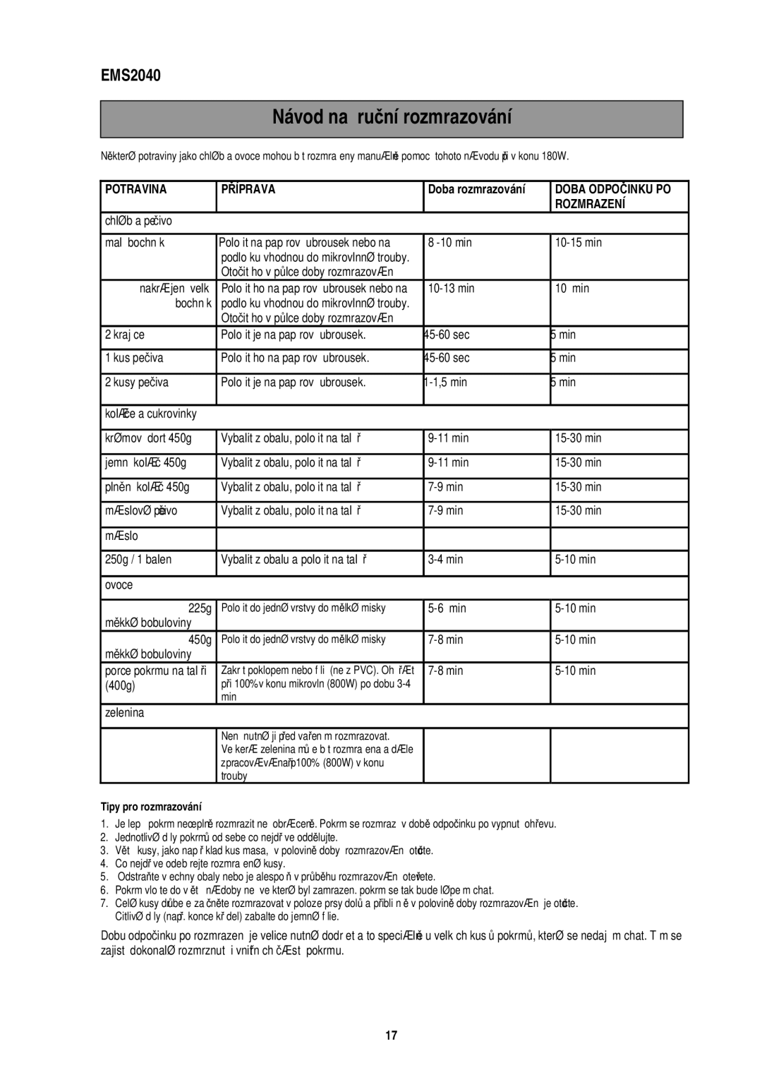 Electrolux EMS2040 user manual Návod na ru ní rozmrazování 