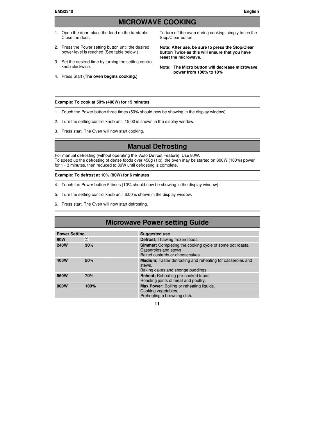 Electrolux EMS2340 user manual Microwave Cooking, Manual Defrosting, Microwave Power setting Guide 