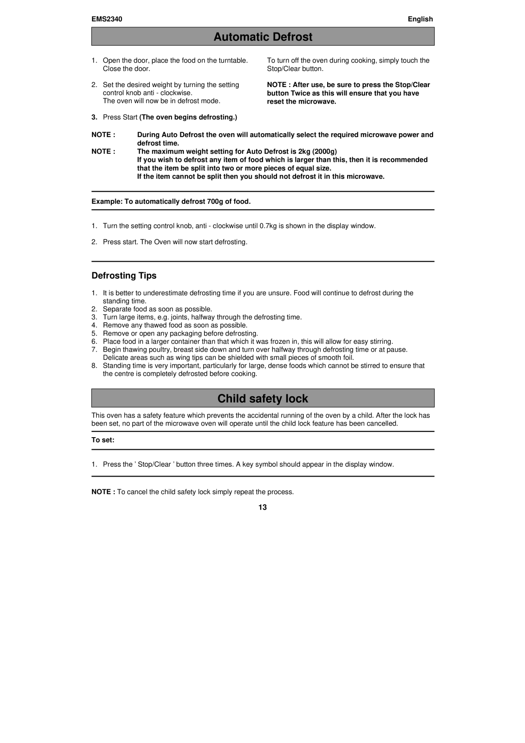 Electrolux EMS2340 Automatic Defrost, Child safety lock, Defrosting Tips, Press Start The oven begins defrosting, To set 