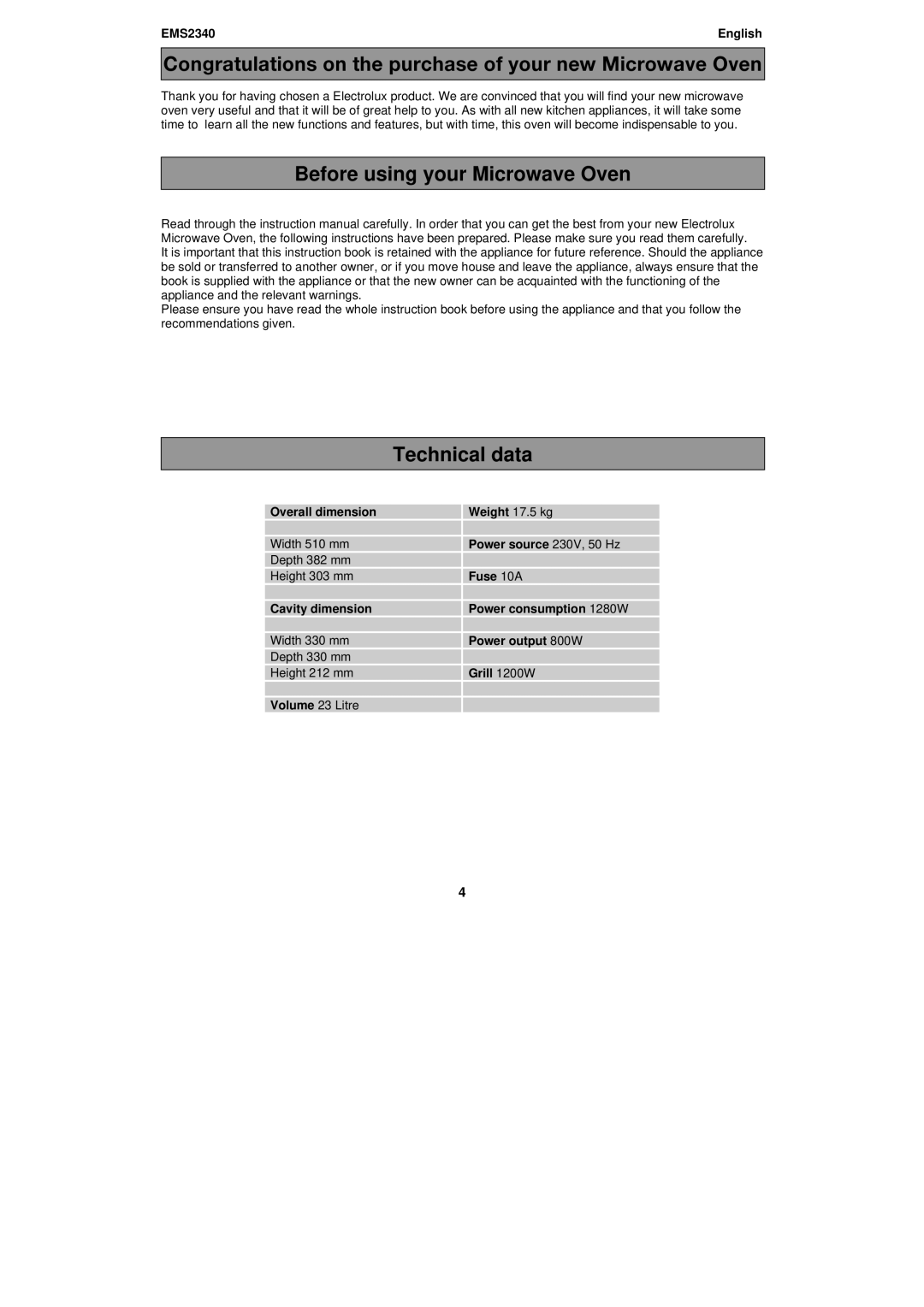 Electrolux EMS2340 user manual Before using your Microwave Oven, Technical data 