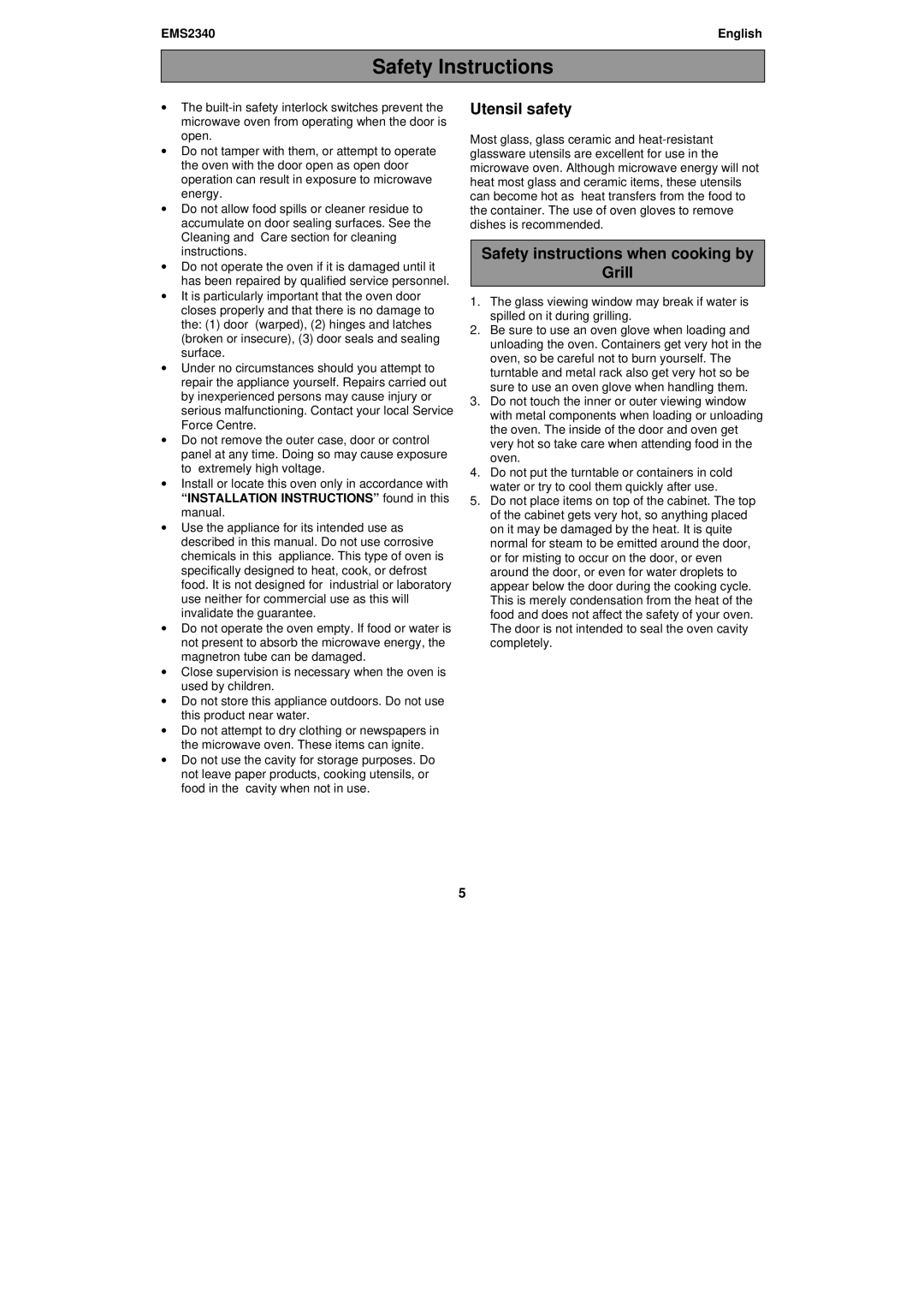 Electrolux EMS2340 user manual Safety Instructions, Utensil safety, Safety instructions when cooking by Grill 