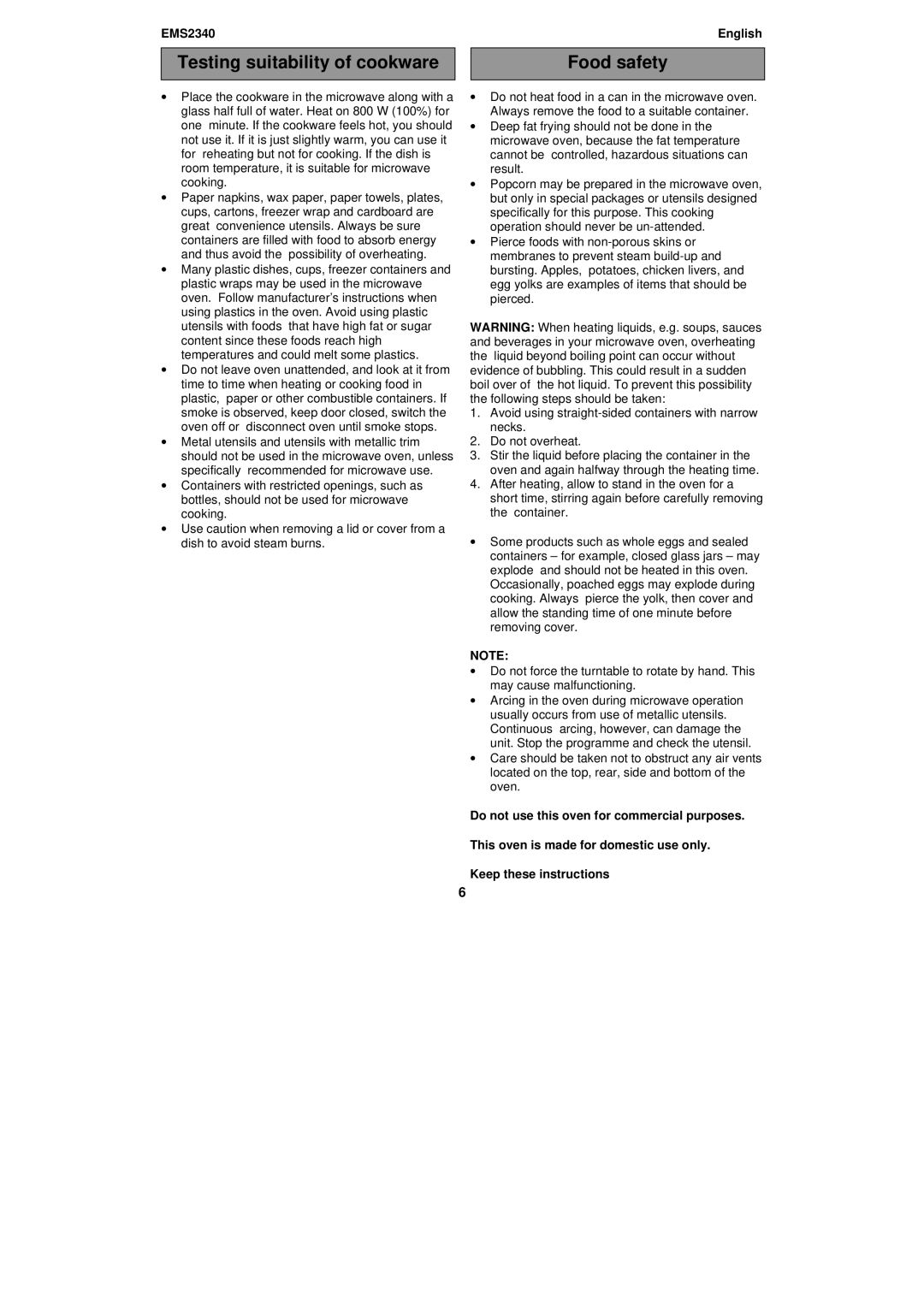 Electrolux EMS2340 user manual Testing suitability of cookware 