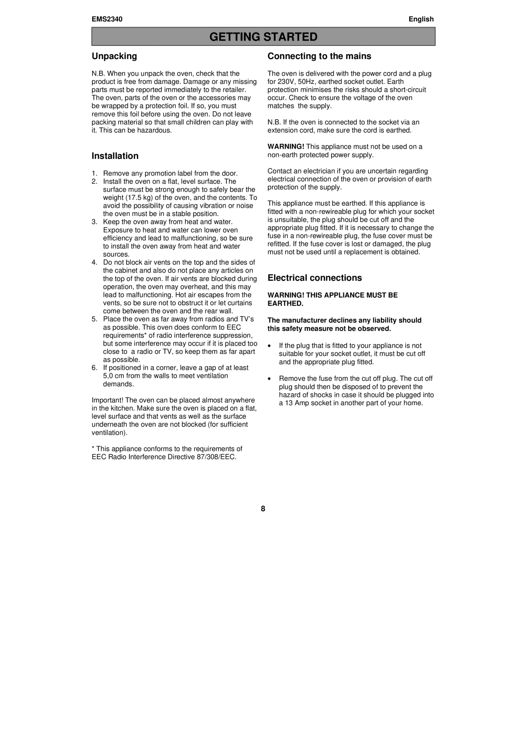 Electrolux EMS2340 user manual Getting Started, Unpacking Connecting to the mains, Installation, Electrical connections 