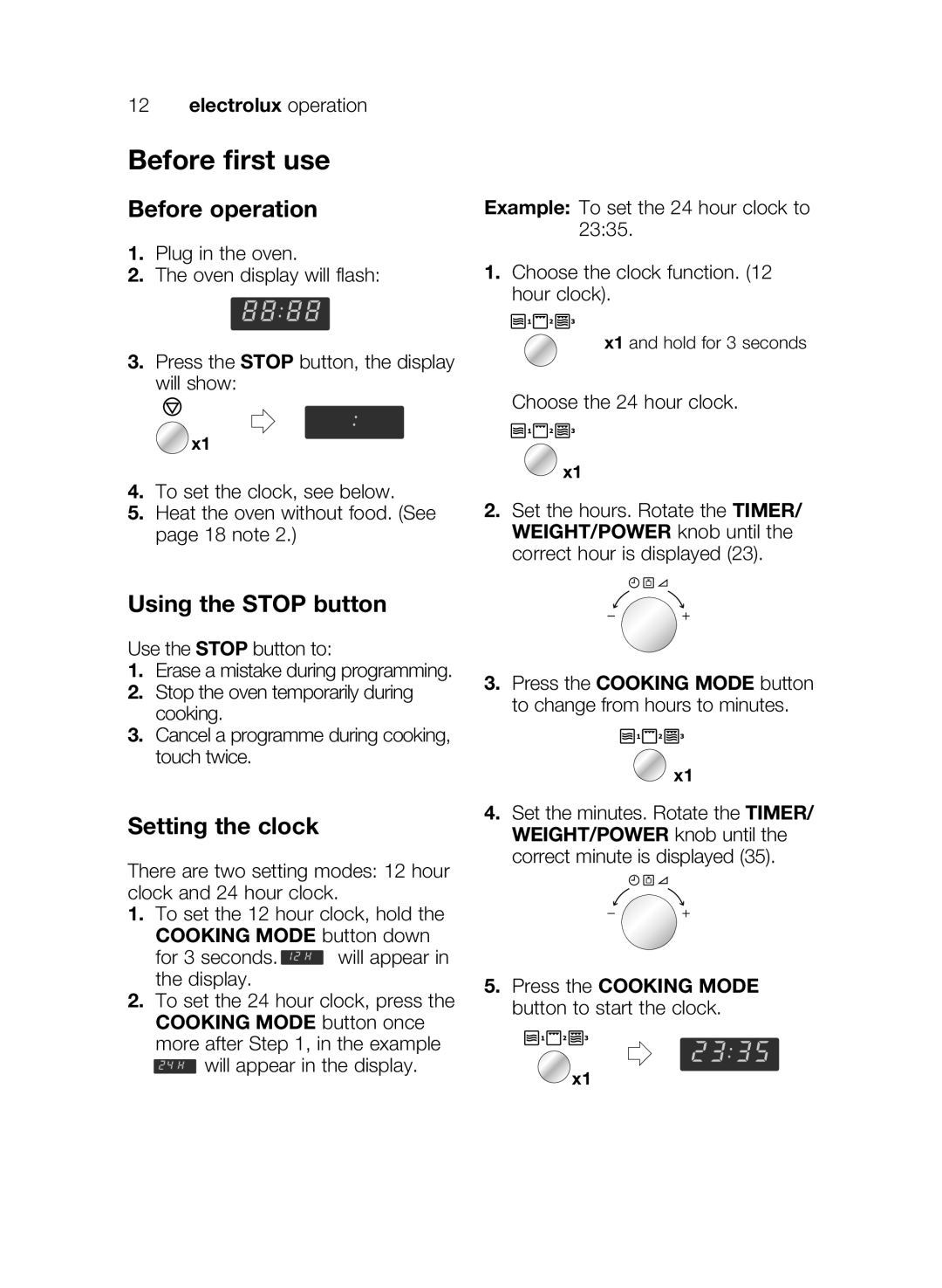 Electrolux EMS26405 user manual Before first use, Before operation, Using the Stop button, Setting the clock 