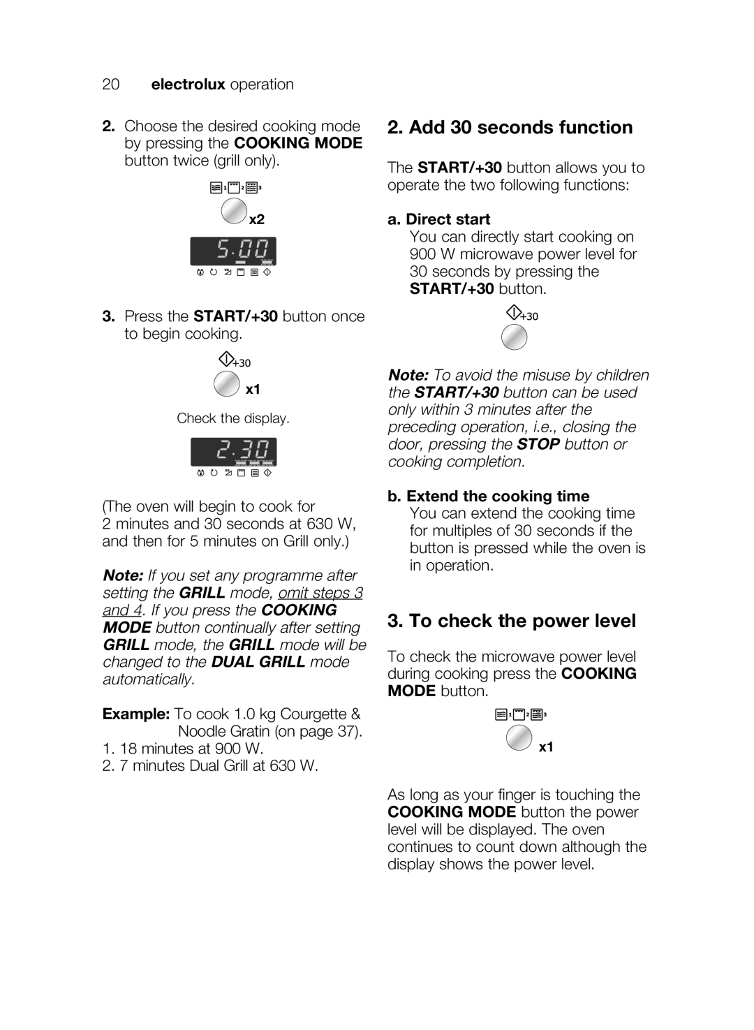 Electrolux EMS26405 user manual Add 30 seconds function, To check the power level, Direct start, Extend the cooking time 