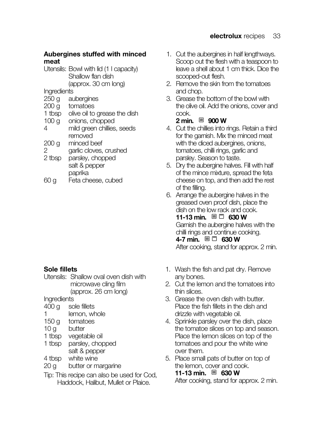 Electrolux EMS26405 user manual Electrolux recipes Aubergines stuffed with minced meat, Sole fillets 