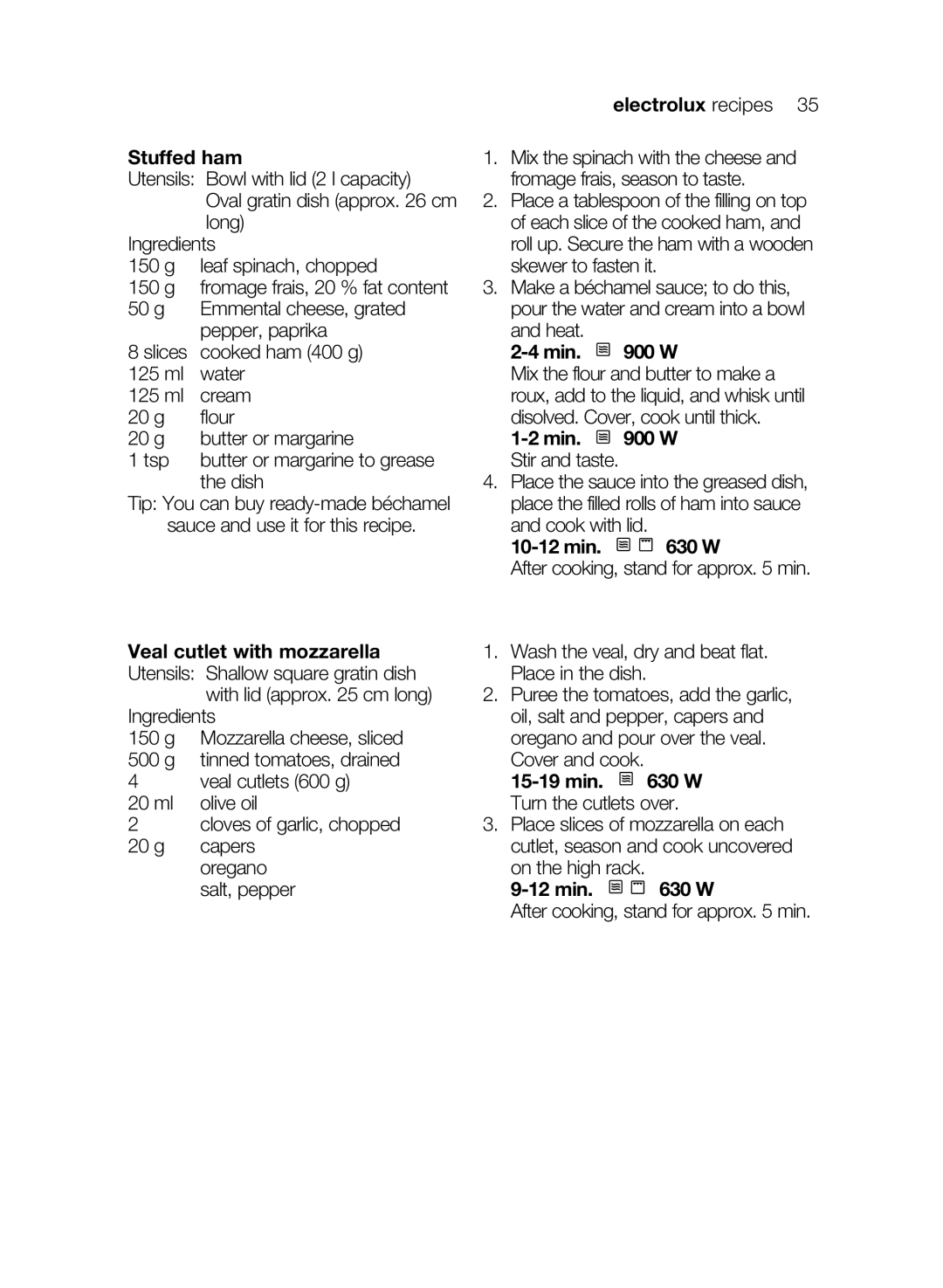 Electrolux EMS26405 user manual Stuffed ham, Min W Stir and taste, Min W Turn the cutlets over 