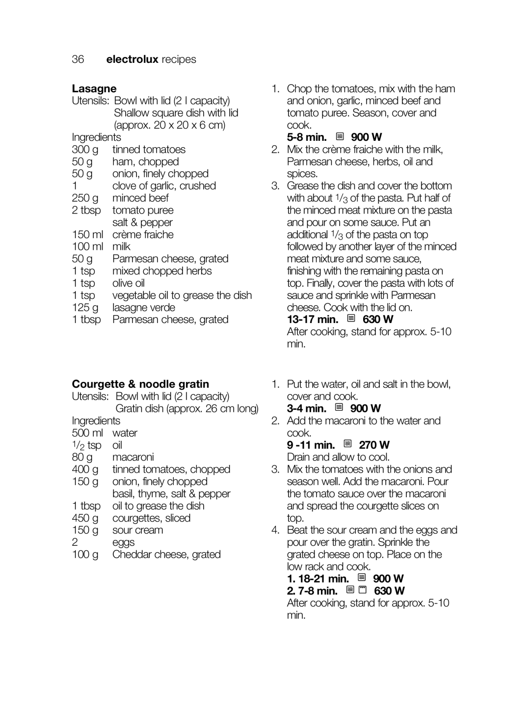 Electrolux EMS26405 user manual Electrolux recipes Lasagne, Min W Min W Aftercooking, stand for approx -10 min 