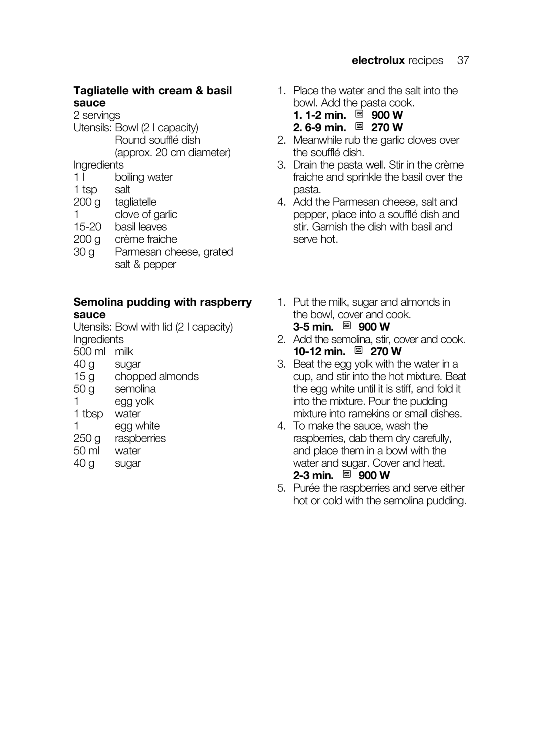 Electrolux EMS26405 user manual Tagliatelle with cream & basil sauce, Semolina pudding with raspberry sauce 