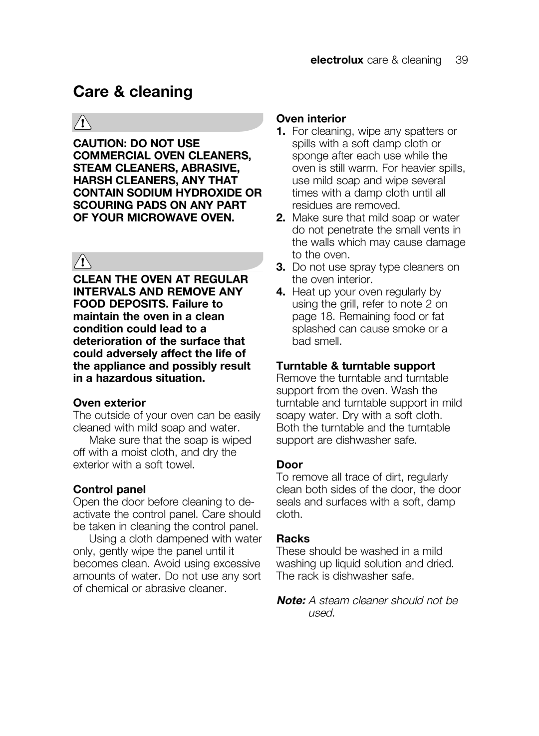 Electrolux EMS26405 user manual Care & cleaning, Oven interior, Racks 