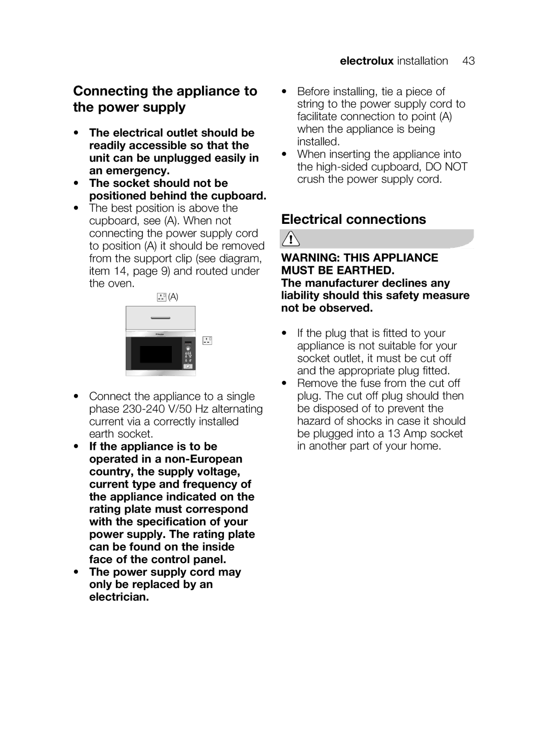 Electrolux EMS26405 user manual Connecting the appliance to the power supply, Electrical connections 