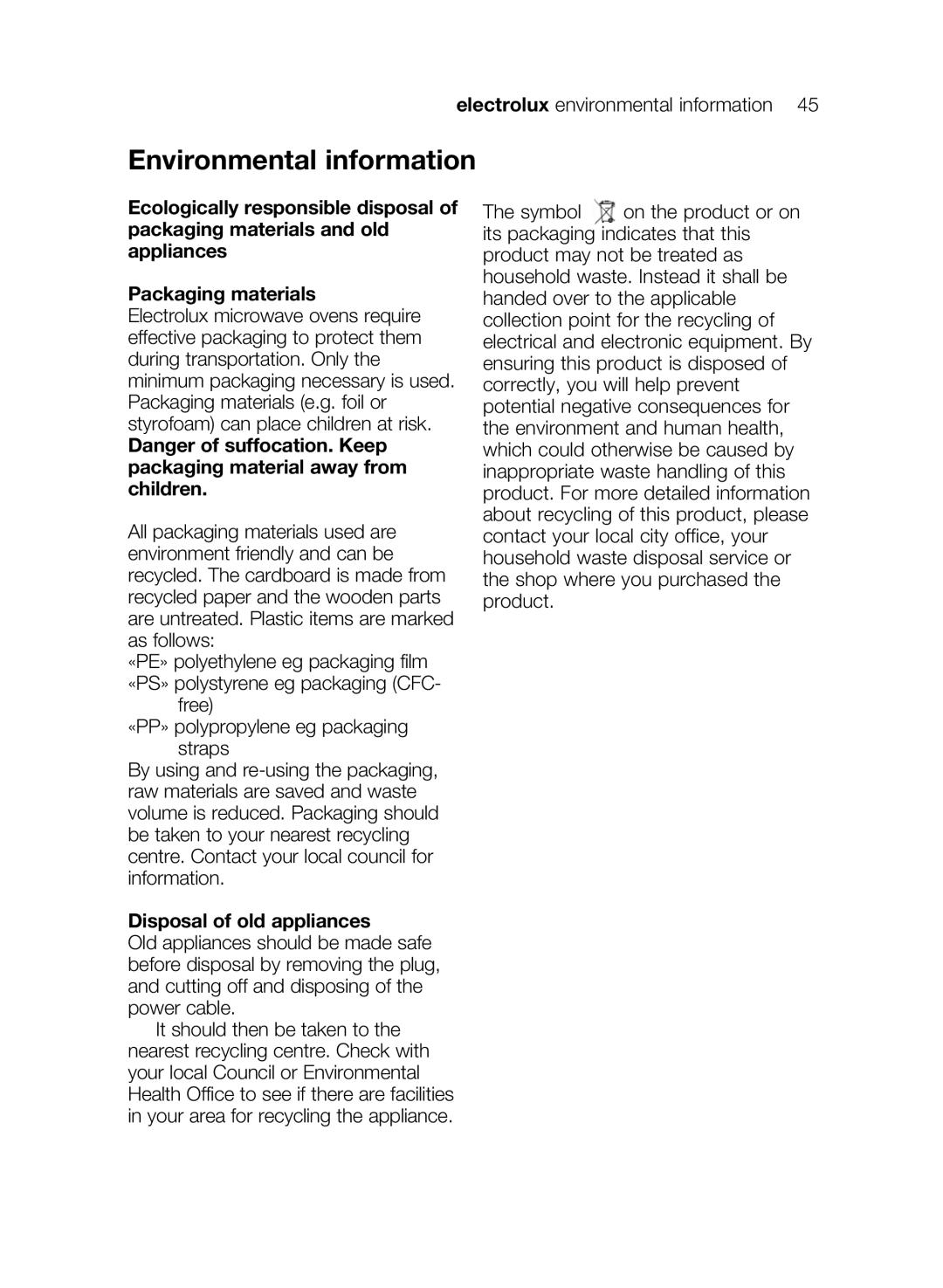 Electrolux EMS26405 user manual Environmental information, Disposal of old appliances 