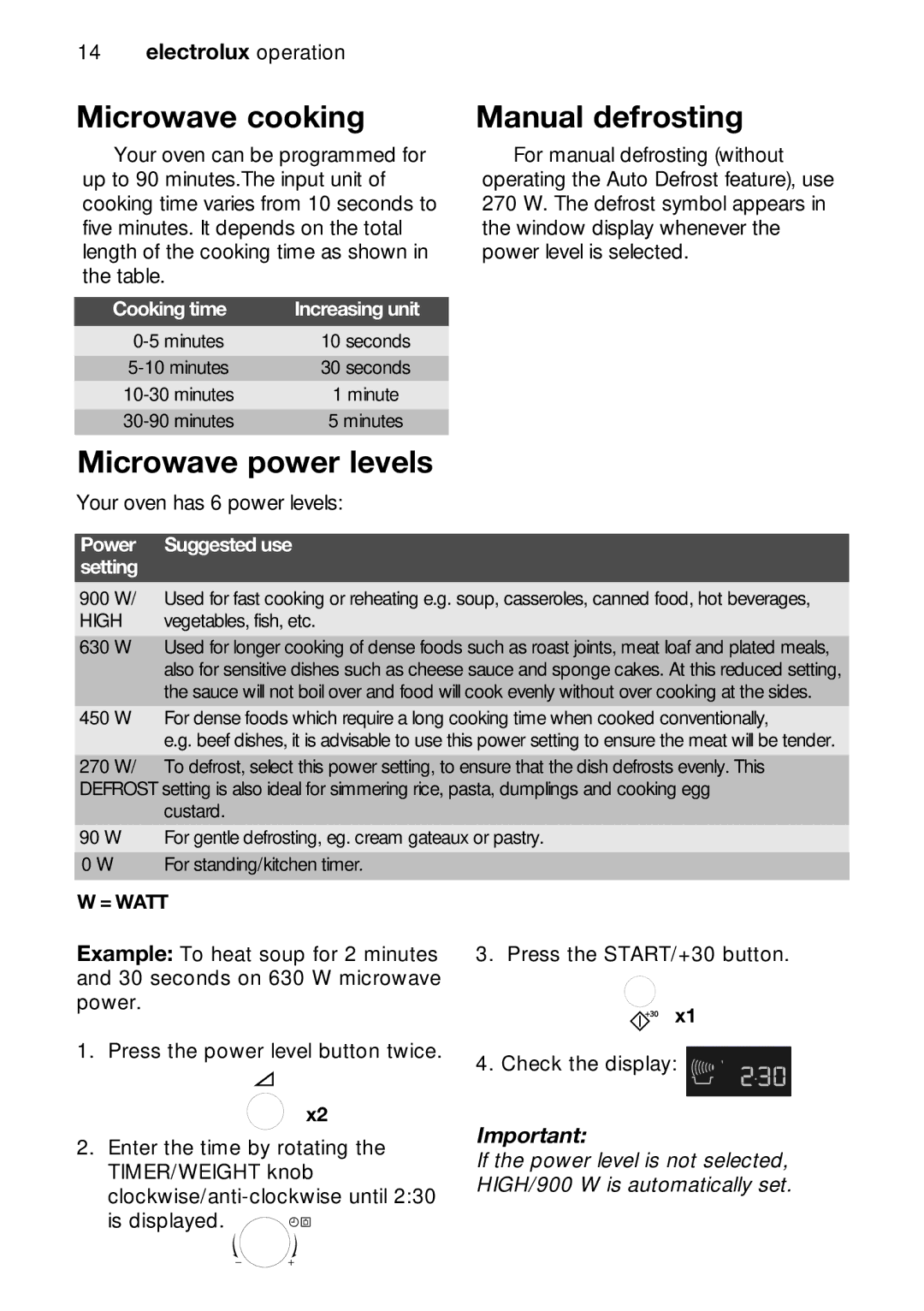 Electrolux EMS26415 Microwave cooking, Microwave power levels, Cooking time Increasing unit, Power Suggested use Setting 