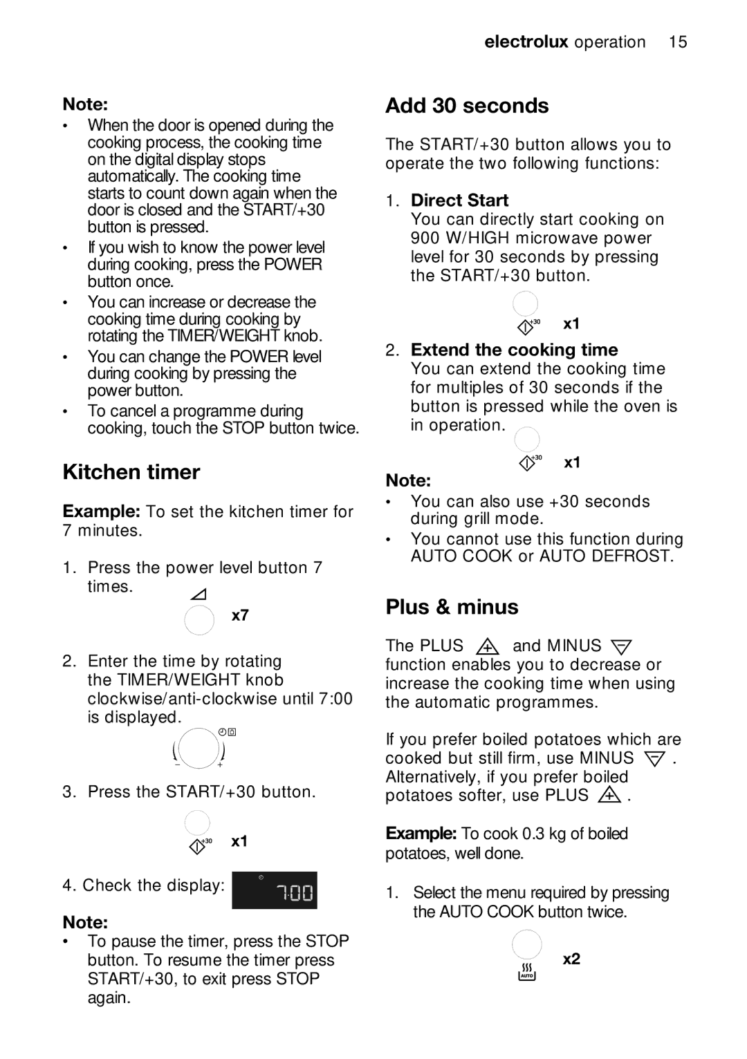 Electrolux EMS26415 user manual Kitchen timer, Add 30 seconds, Plus & minus, Direct Start, Extend the cooking time 