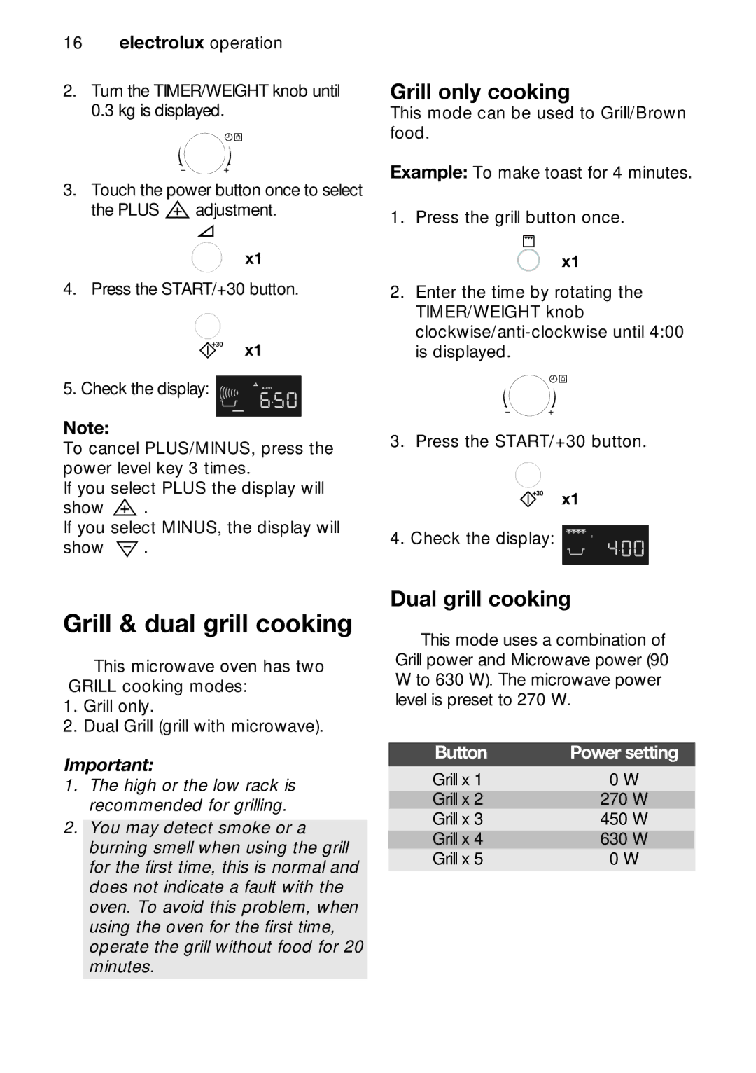 Electrolux EMS26415 user manual Grill & dual grill cooking, Grill only cooking, Dual grill cooking 