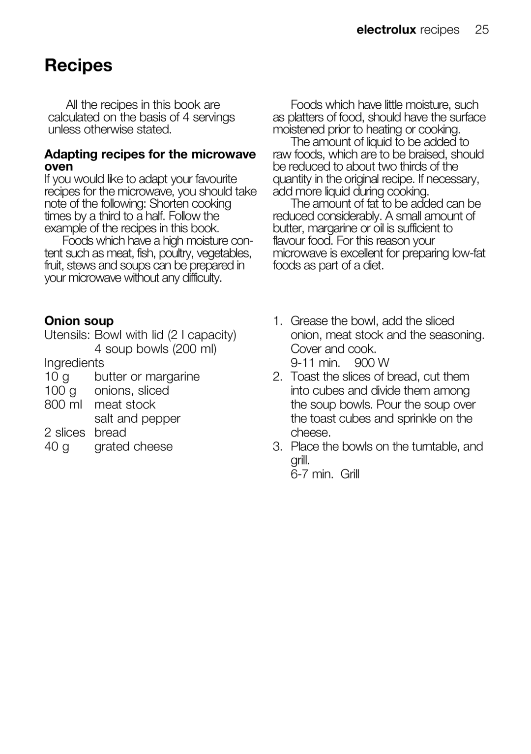 Electrolux EMS26415 user manual Recipes, Electrolux recipes, Adapting recipes for the microwave oven, Onion soup 