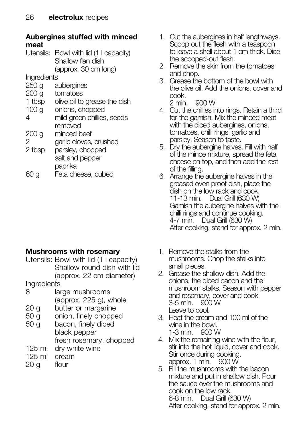 Electrolux EMS26415 user manual Electrolux recipes Aubergines stuffed with minced Meat 