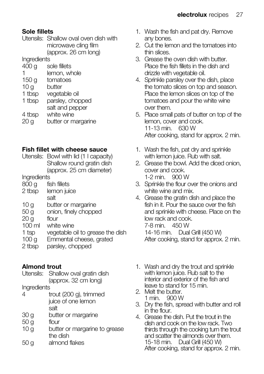 Electrolux EMS26415 user manual Sole fillets, Almond trout 