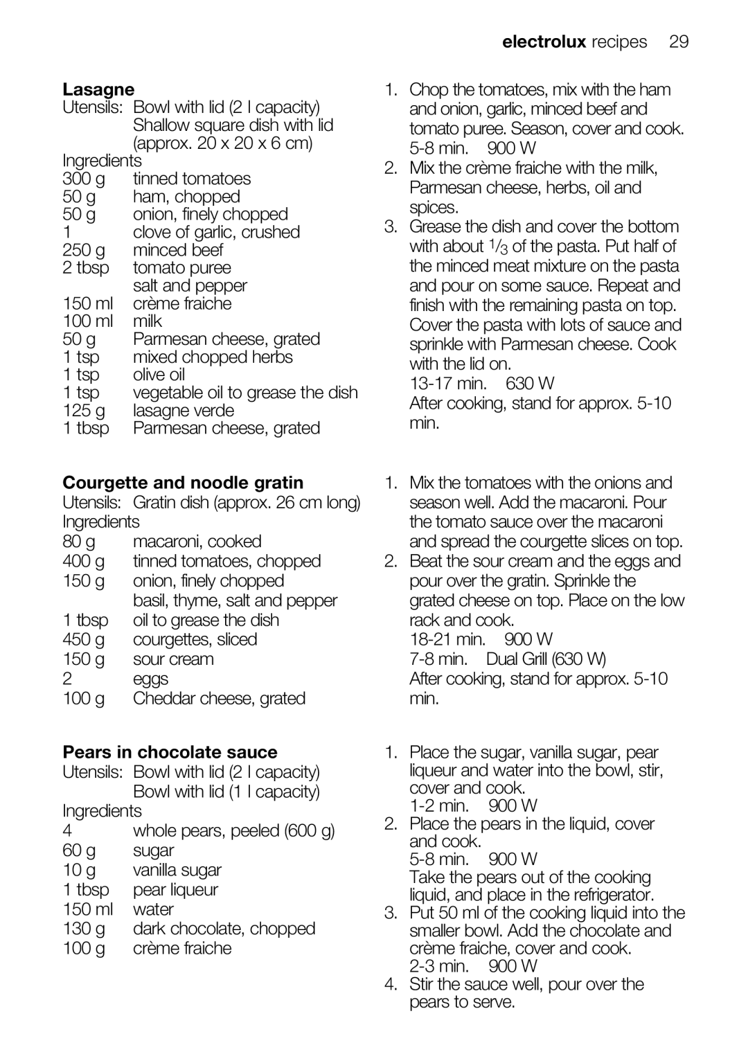 Electrolux EMS26415 user manual Lasagne, Courgette and noodle gratin 