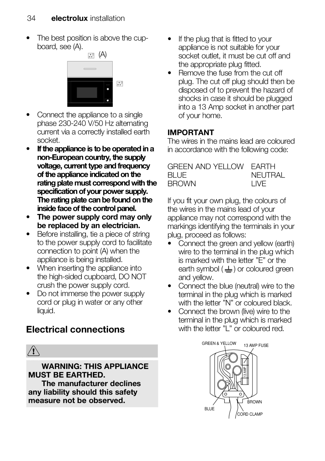 Electrolux EMS26415 user manual Electrical connections, Power supply cord may only be replaced by an electrician 