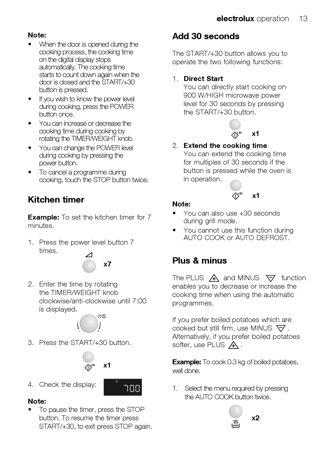 Electrolux EMS26415 user manual Kitchen timer, Add 30 seconds, Plus & minus, Direct Start, Extend the cooking time 