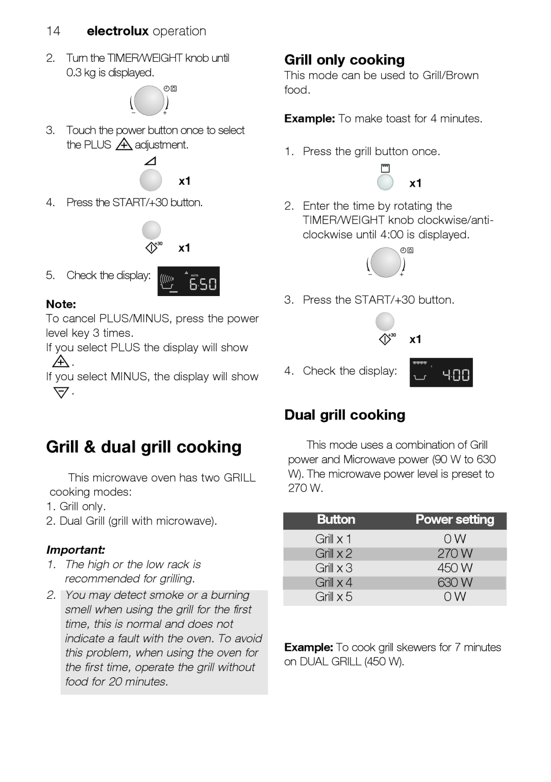 Electrolux EMS26415 user manual Grill & dual grill cooking, Grill only cooking, Dual grill cooking, Power setting 