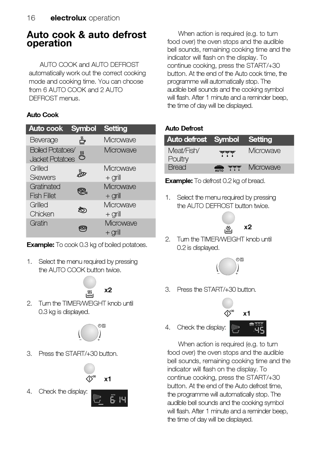 Electrolux EMS26415 Auto cook & auto defrost operation, Auto Cook, Example To cook 0.3 kg of boiled potatoes, Auto Defrost 