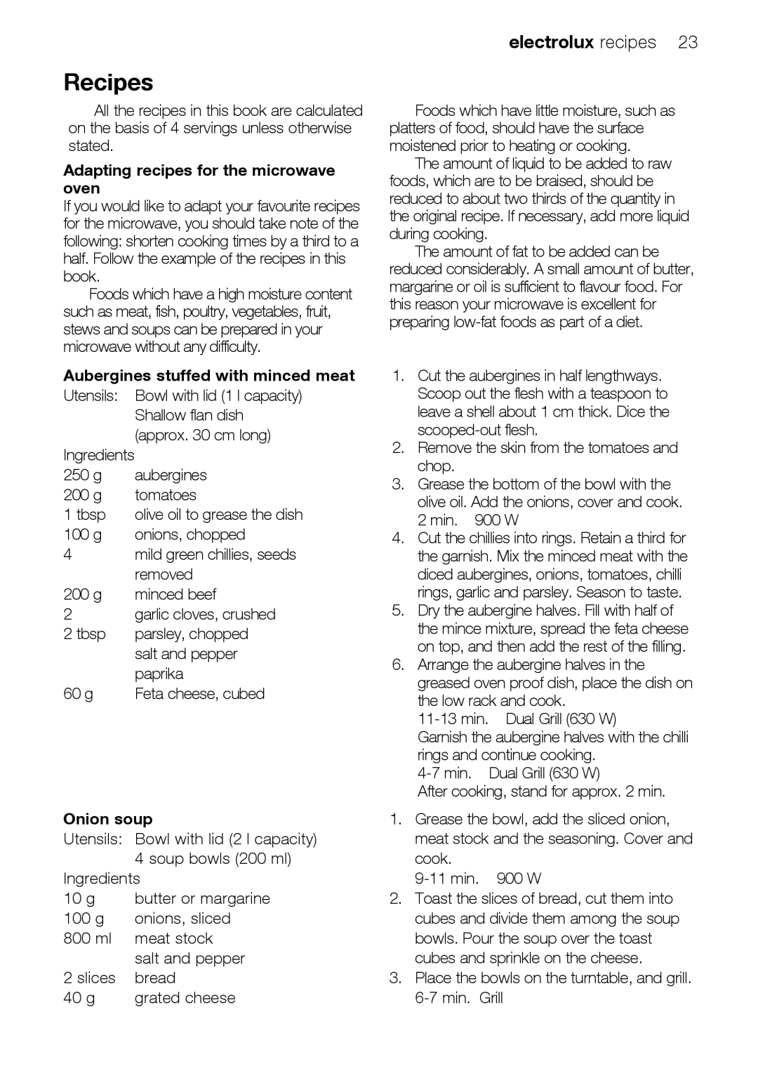 Electrolux EMS26415 Recipes, Adapting recipes for the microwave oven, Aubergines stuffed with minced meat, Onion soup 