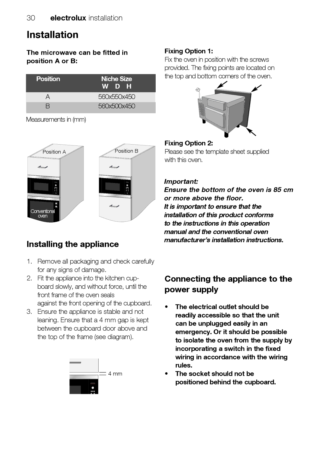 Electrolux EMS26415 Installation, Installing the appliance, Connecting the appliance to the power supply, Position 