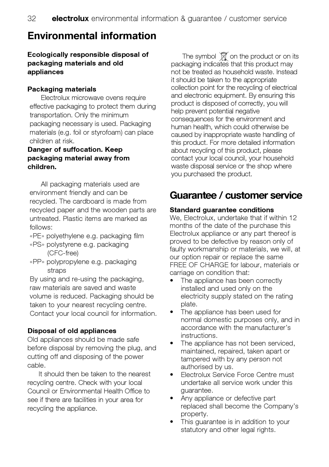 Electrolux EMS26415 user manual Environmental information, Guarantee / customer service, Disposal of old appliances 