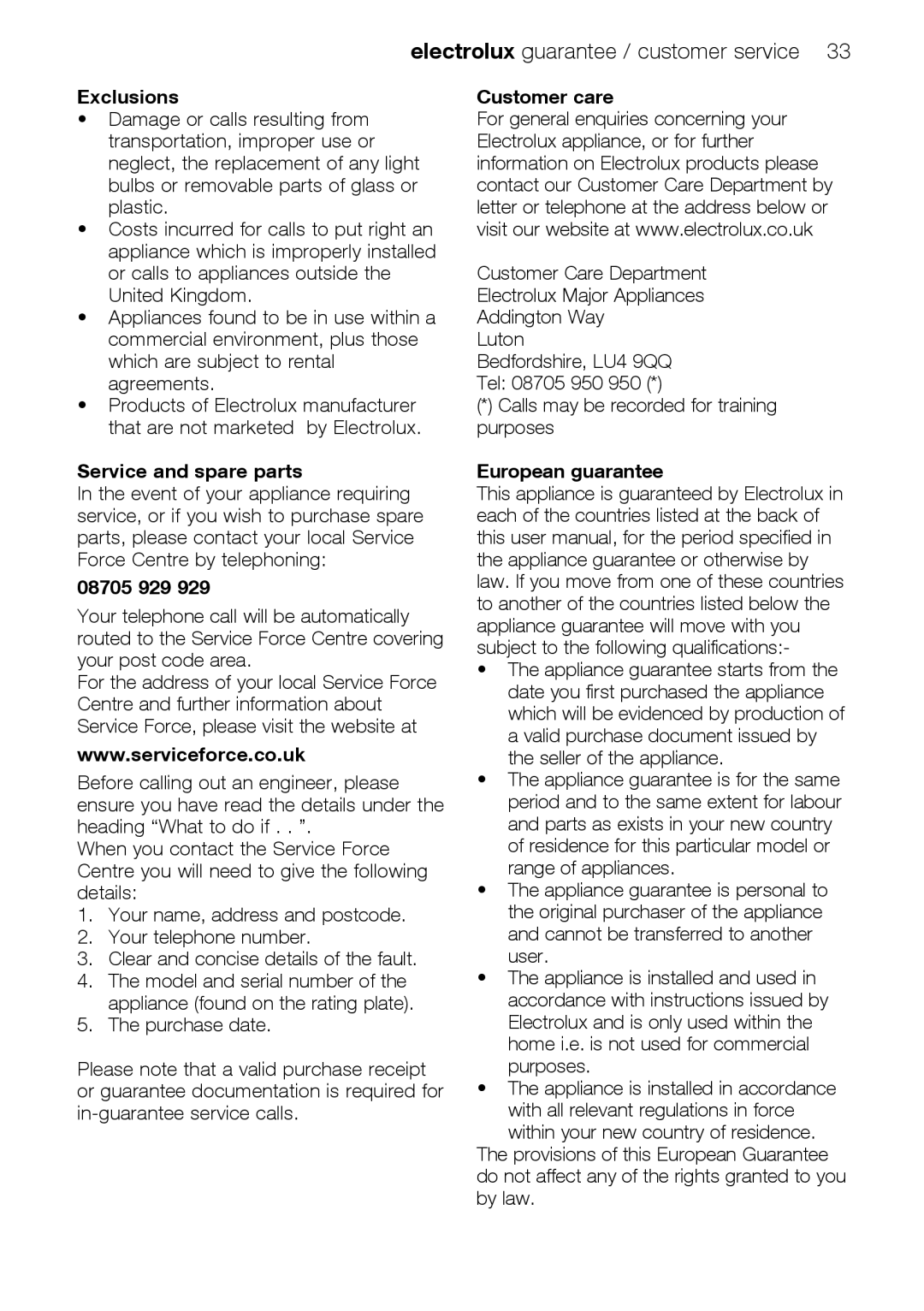 Electrolux EMS26415 user manual Exclusions, Service and spare parts, 08705 929, Customer care, European guarantee 